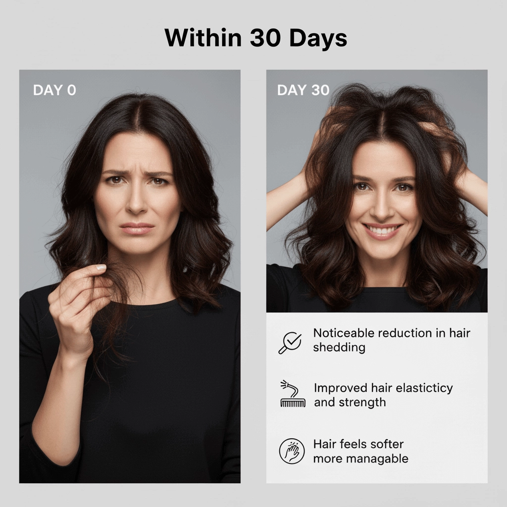 Woman before and after 30 days, showing reduced hair shedding and improved hair health.