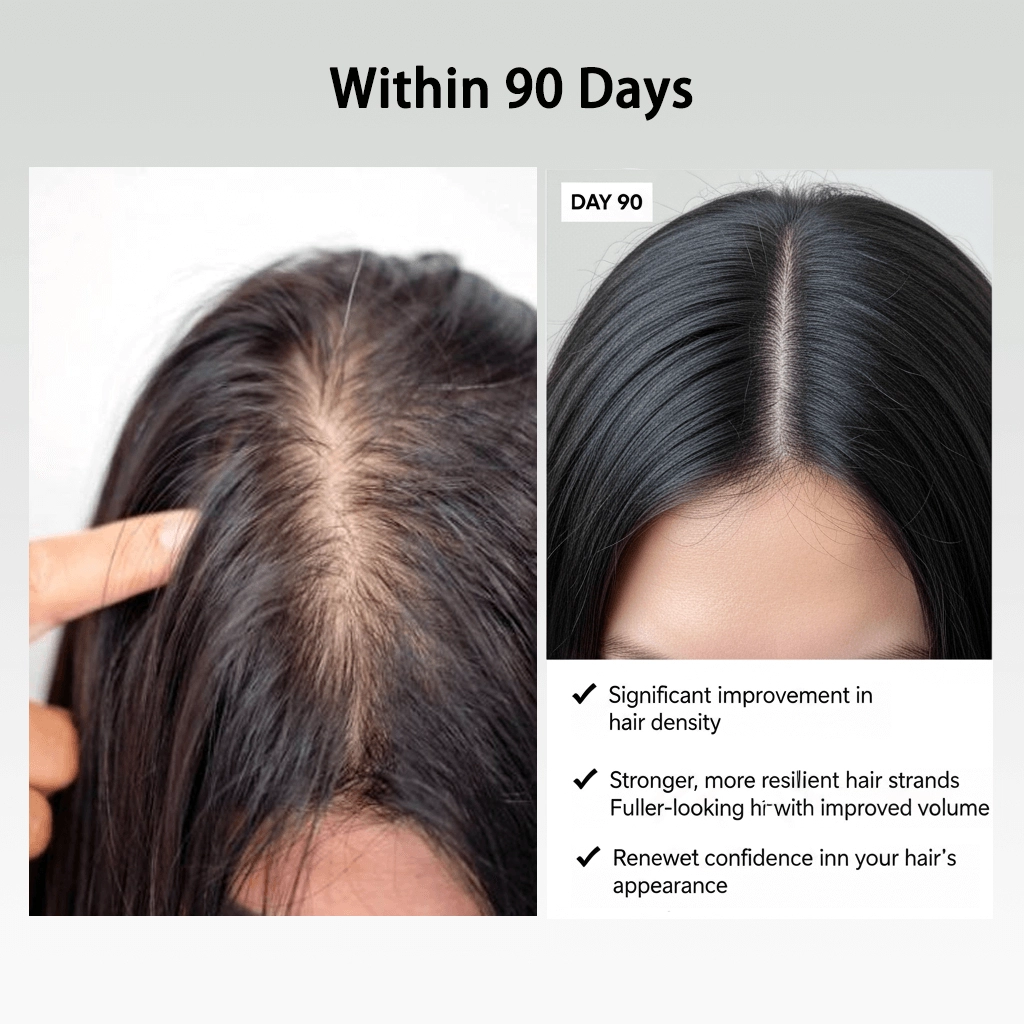 Top view of scalp before and after 90 days, showing improved hair density and volume.