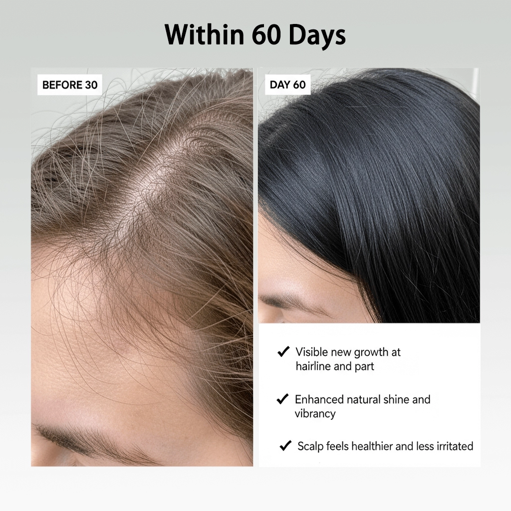 Hairline and part before and after 60 days, showing visible new hair growth and enhanced shine.