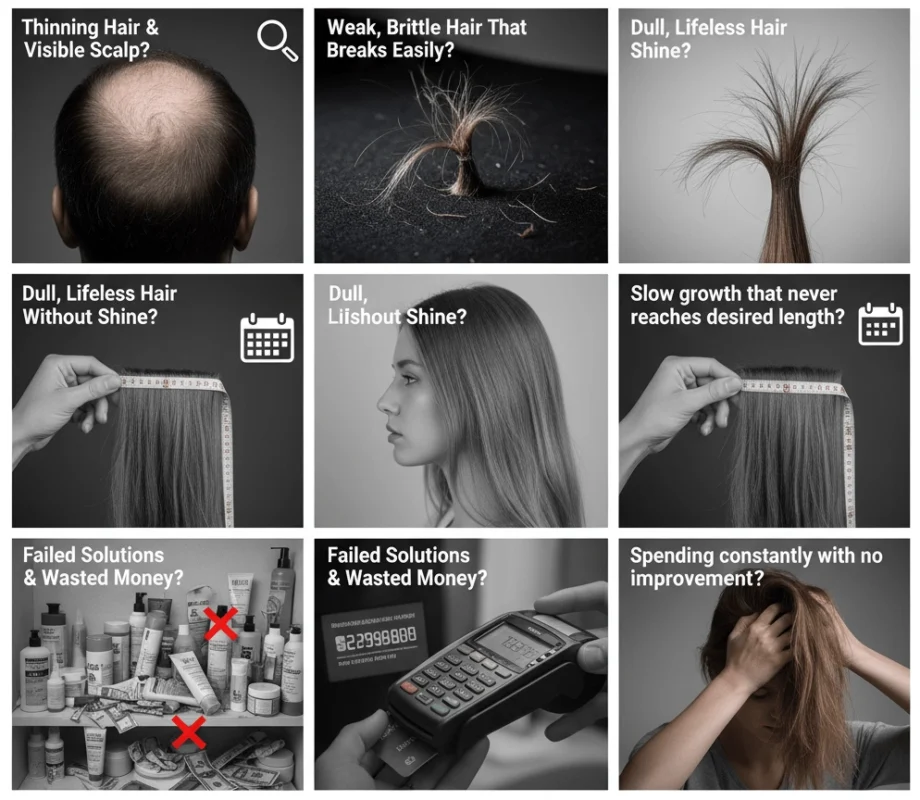 Common hair concerns: thinning, brittle, dull hair, slow growth, and wasted money on ineffective solutions.