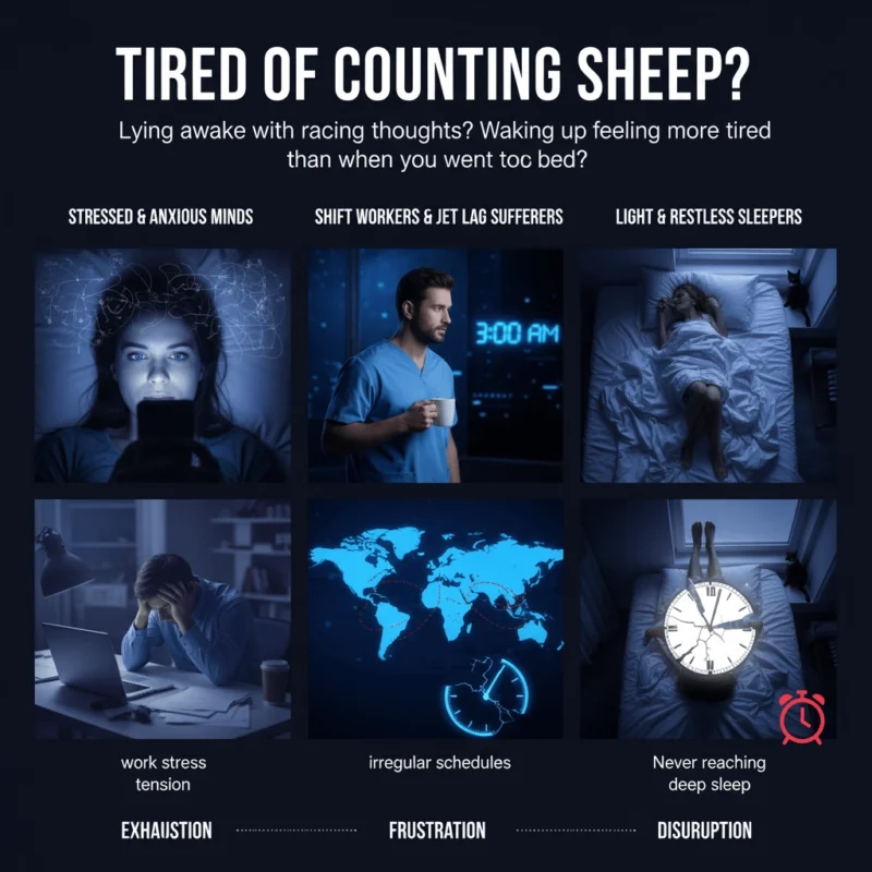 Sleep struggles visual for stressed, shift workers, restless sleepers. Shows exhaustion, frustration, disruption. "Tired of Counting Sheep?"