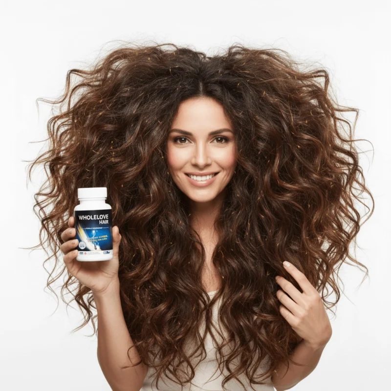 Woman with extremely voluminous, thick hair holding Wholelove Hair supplement bottle.